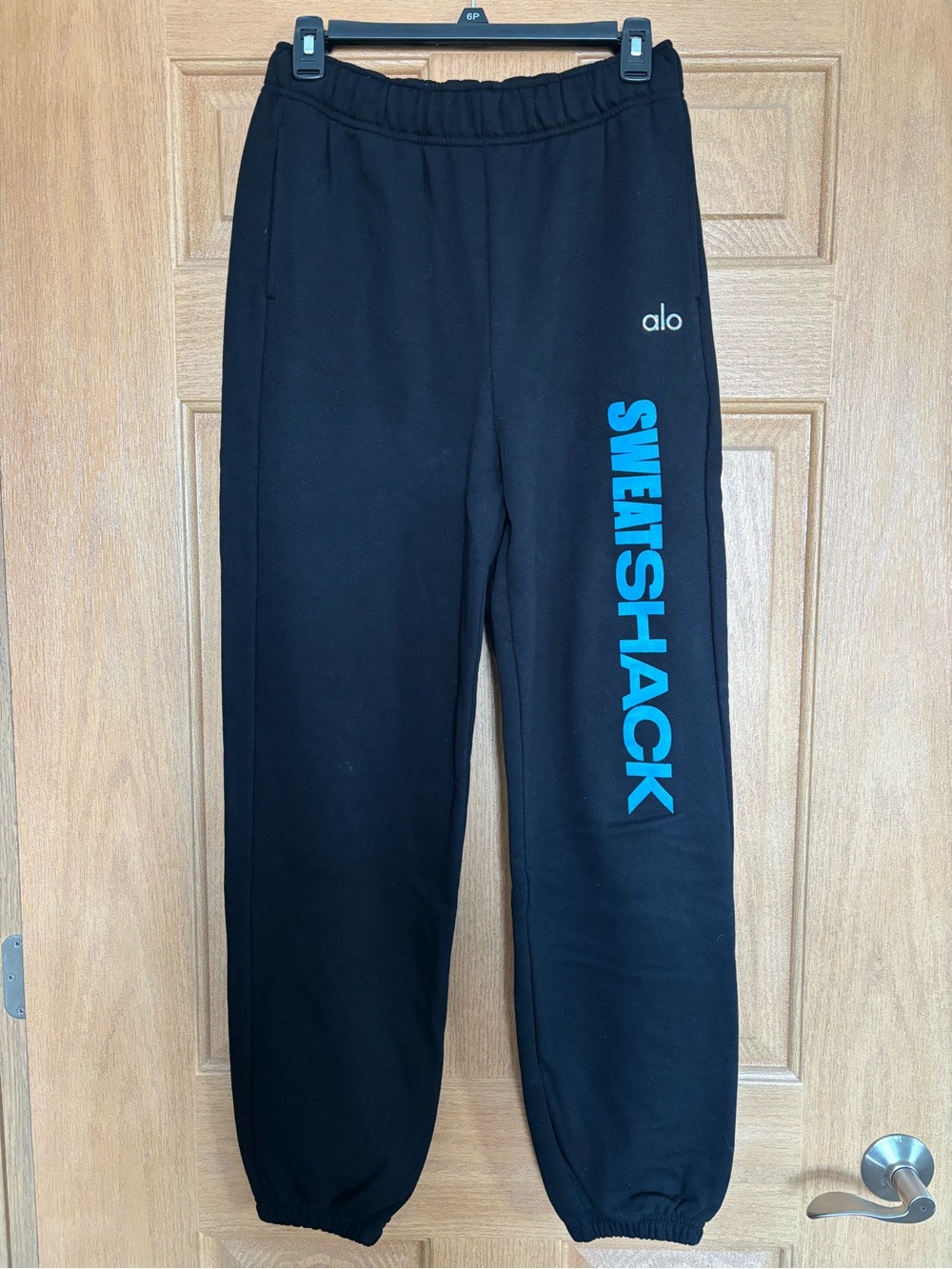 Alo Yoga Black Sweatpants with Blue SWEATSHACK Side Graphic